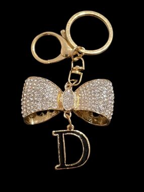 Gold and Silver Bow "D" Initial Bag Charm Keychain